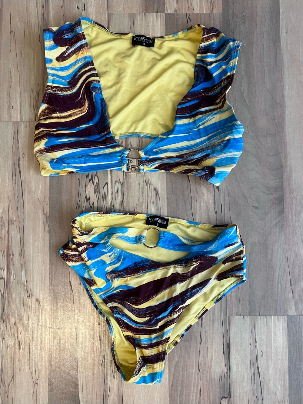 ICONSWIM Yellow & Blue Swirl Ring-Front Bikini Set